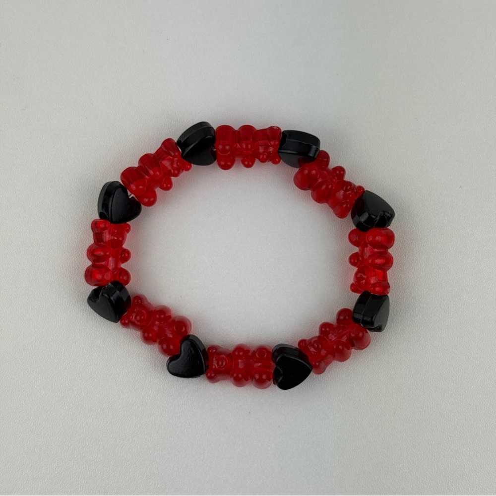Handmade Red Gummy Bear Black Heart Beaded Stretch Bracelet Kandi Kawaii Goth #2 - Picture 10 of 10